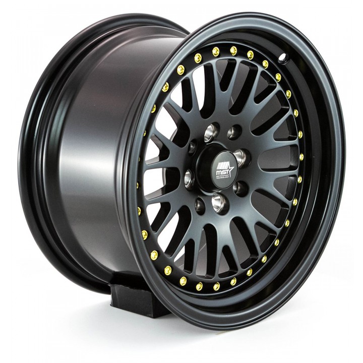 MST MT10 Matte Black w/Gold Rivets 15x8 4x100/114.3 +25